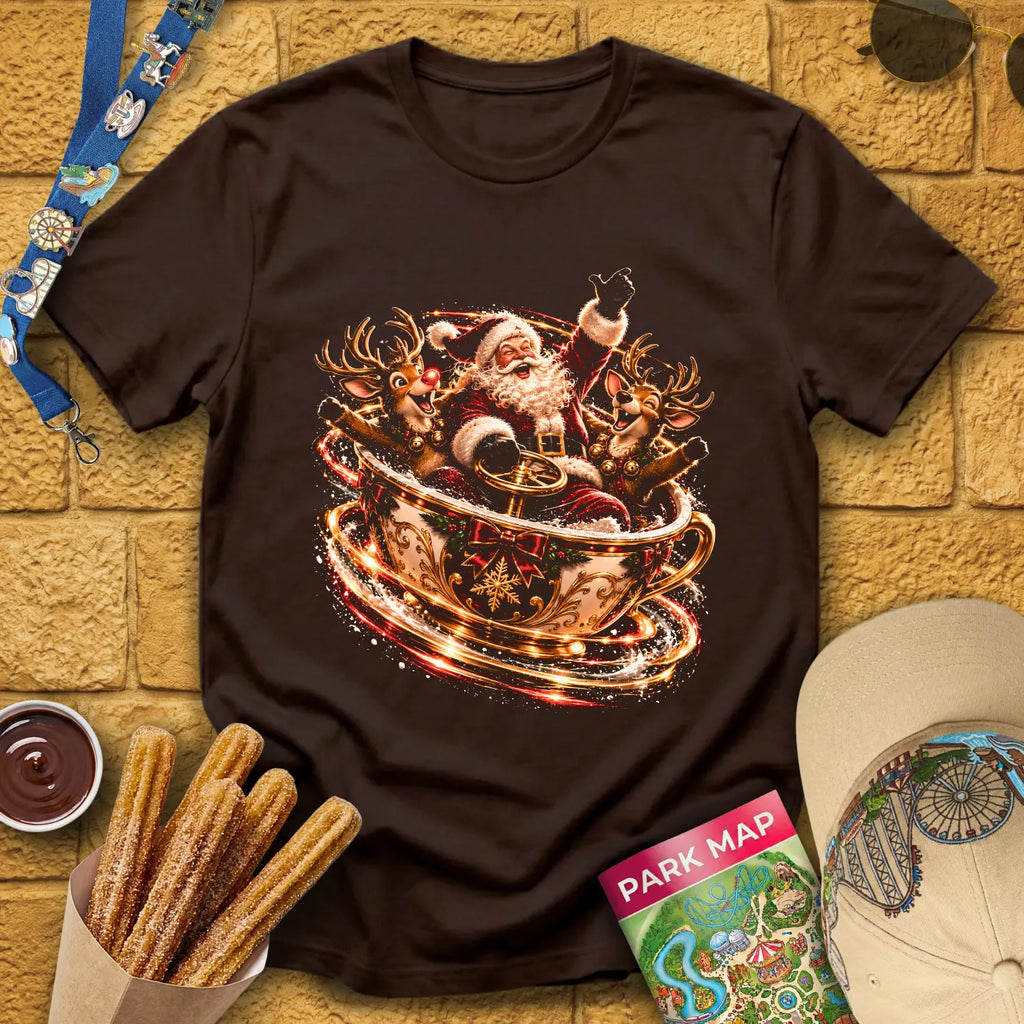 Teacups Santa [Cinematic] T-Shirt for Theme Park Fans (Dark Chocolate)