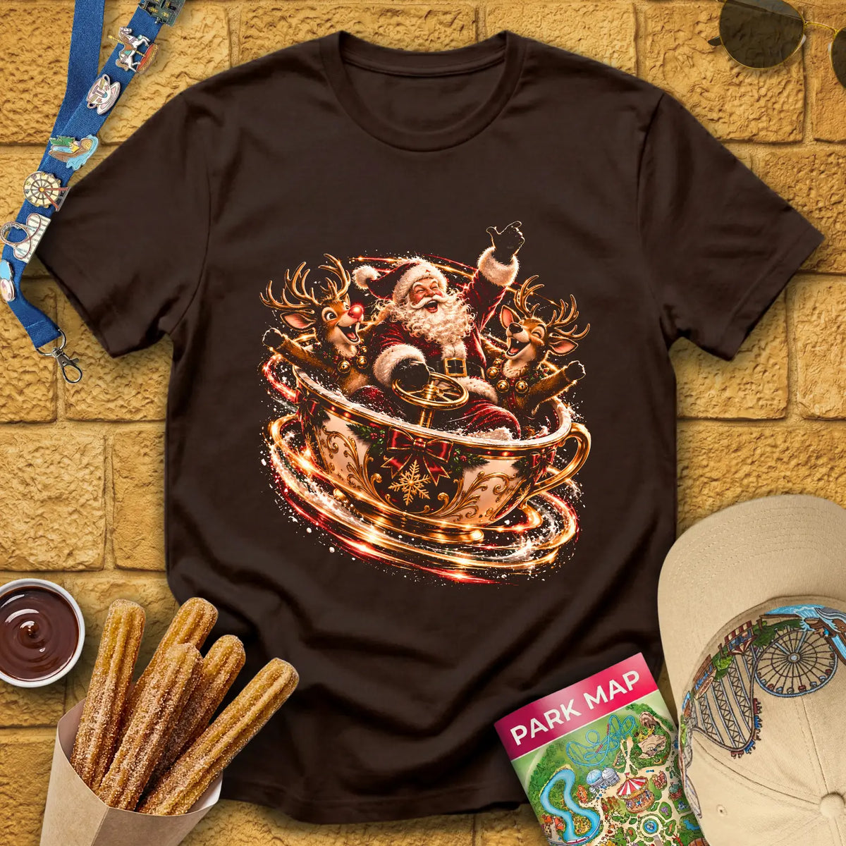 Teacups Santa [Cinematic] T-Shirt for Theme Park Fans (Dark Chocolate)