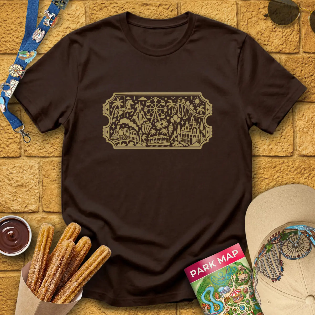 Theme Park Ticket [Doodle] T-Shirt for Theme Park Fans (Dark Chocolate)
