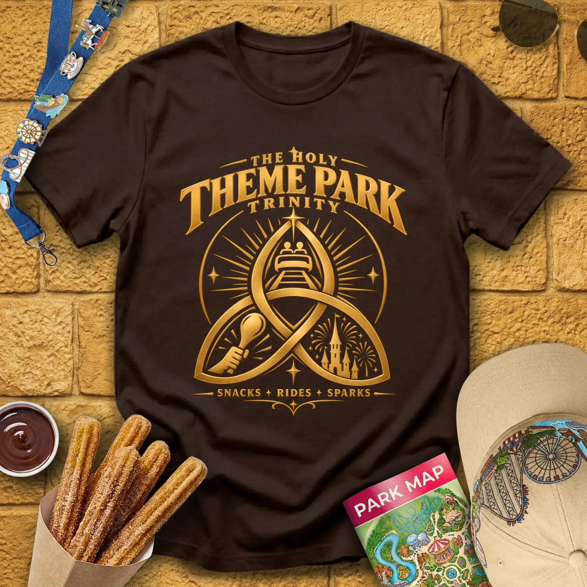 Theme Park Trinity [Golden] T-Shirt for Theme Park Fans (Dark Chocolate)