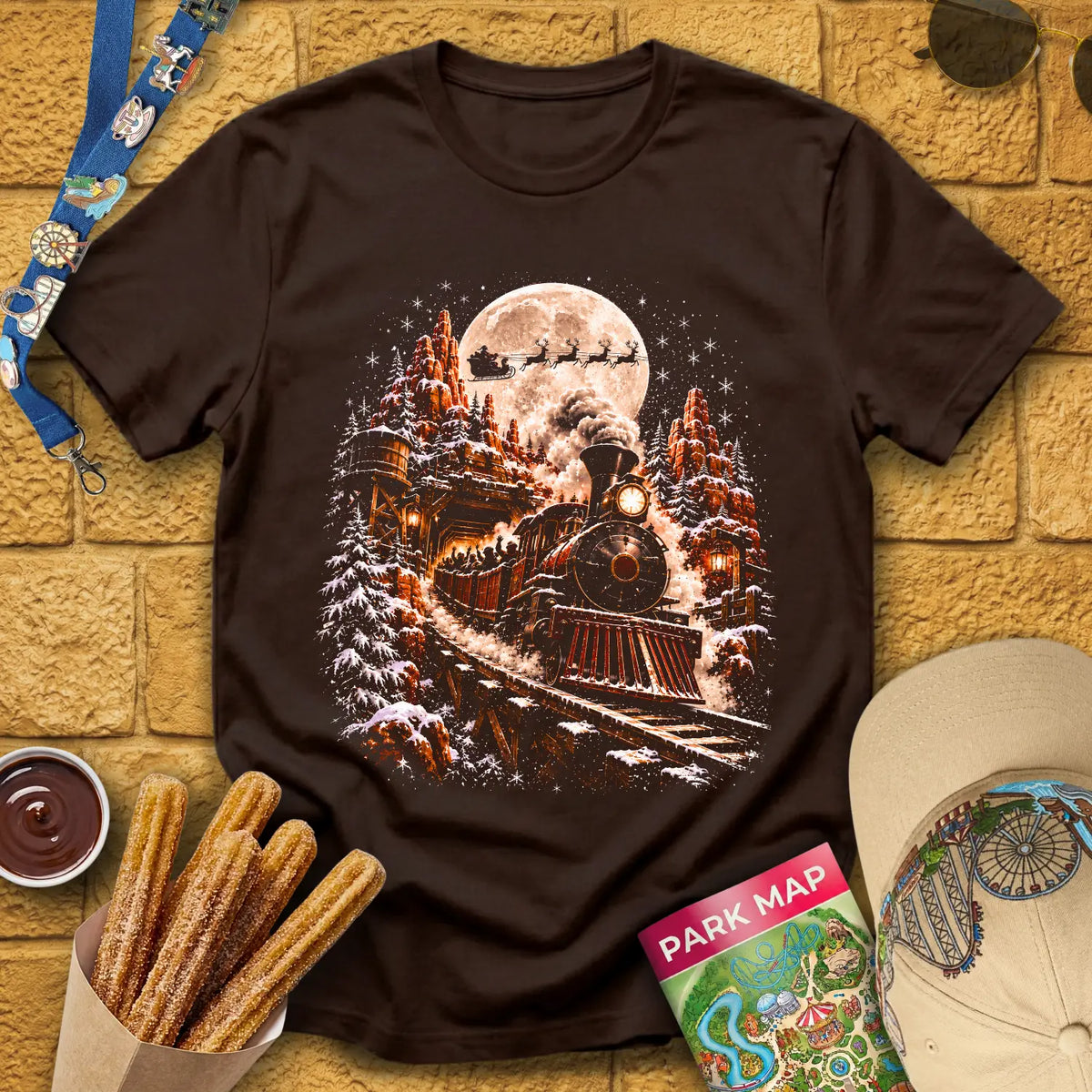 Xmas Mine Train [Cinematic] T-Shirt for Theme Park Fans (Dark Chocolate)