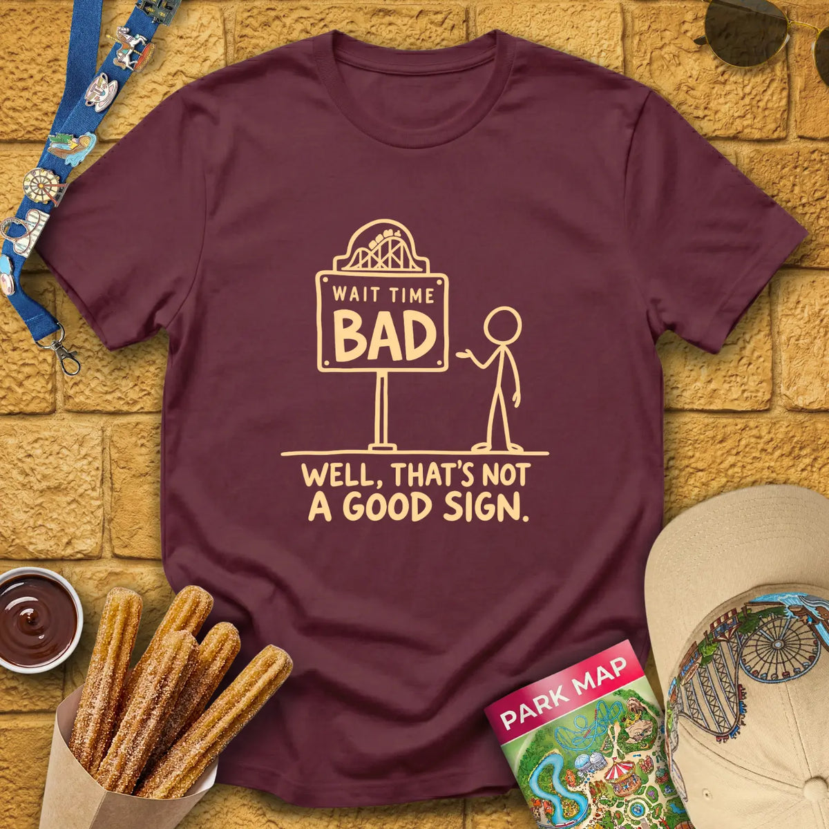 Bad Wait Time [Illu] T-Shirt for Theme Park Fans (Maroon)
