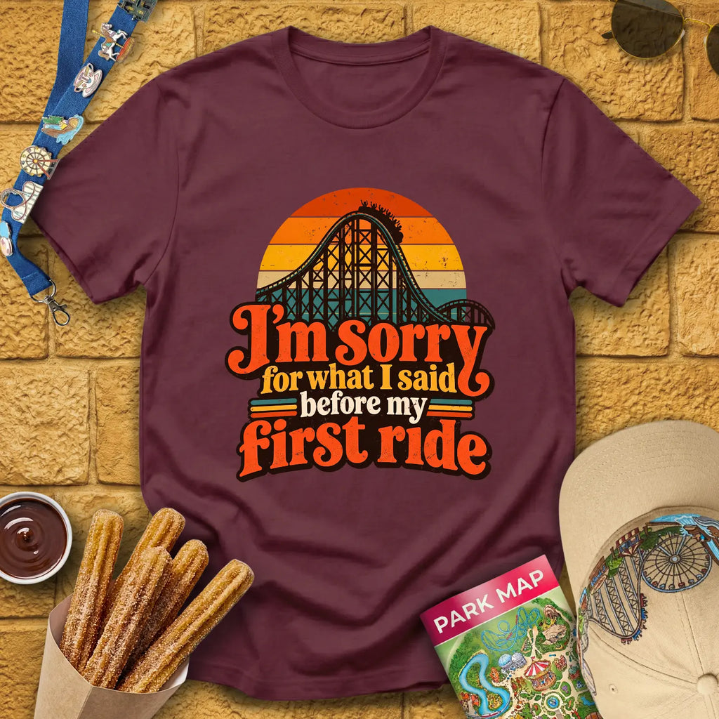 Before First Ride [70s] T-Shirt for Theme Park Fans (Maroon)