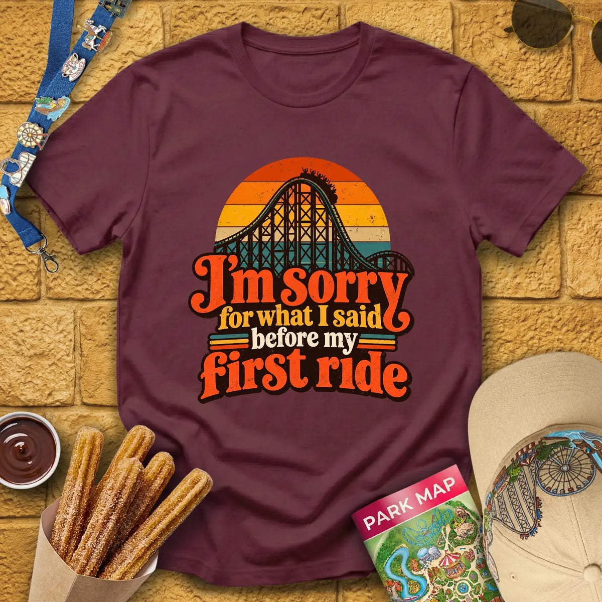 Before First Ride [70s] T-Shirt for Theme Park Fans (Maroon)