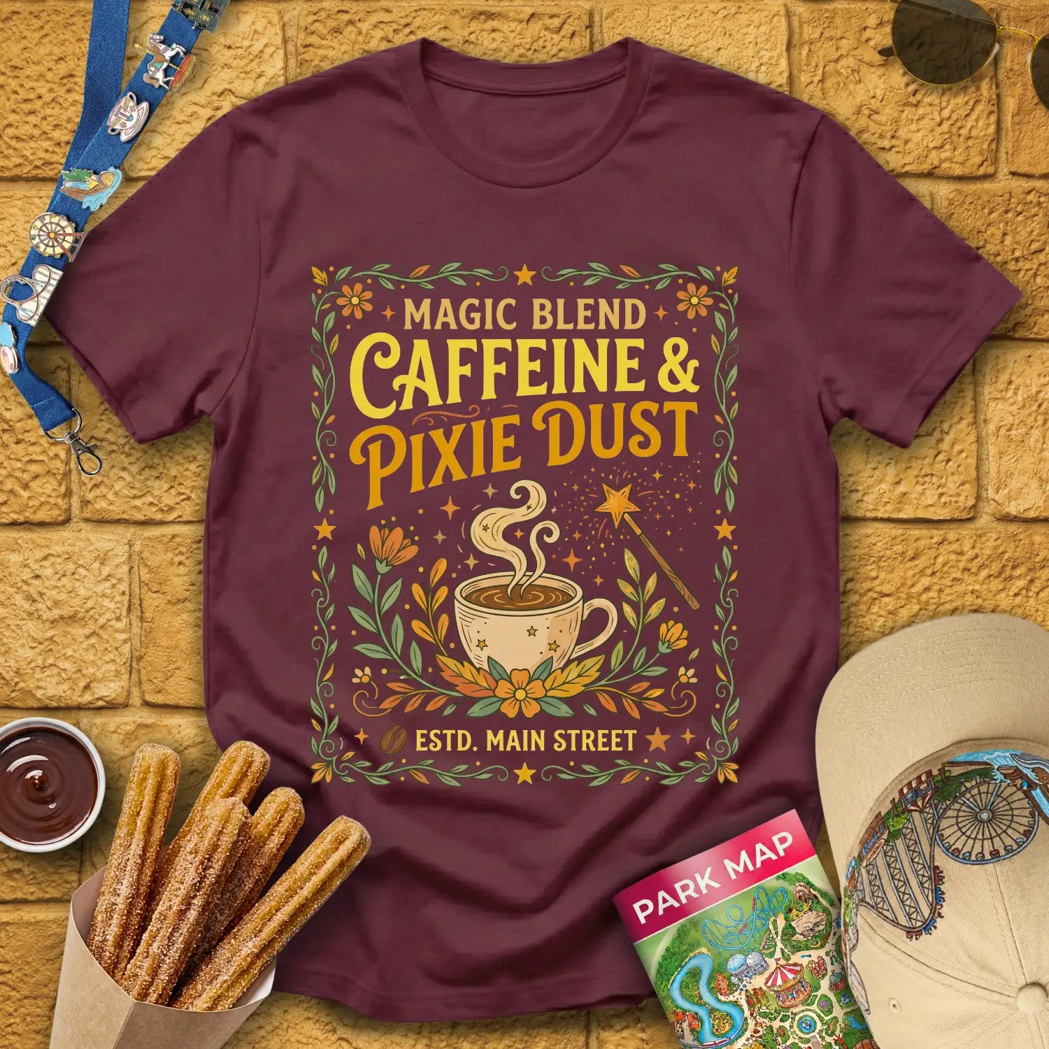 Caffeine & Pixie Dust [RetroBoho2] T-Shirt for Theme Park Fans (Maroon)