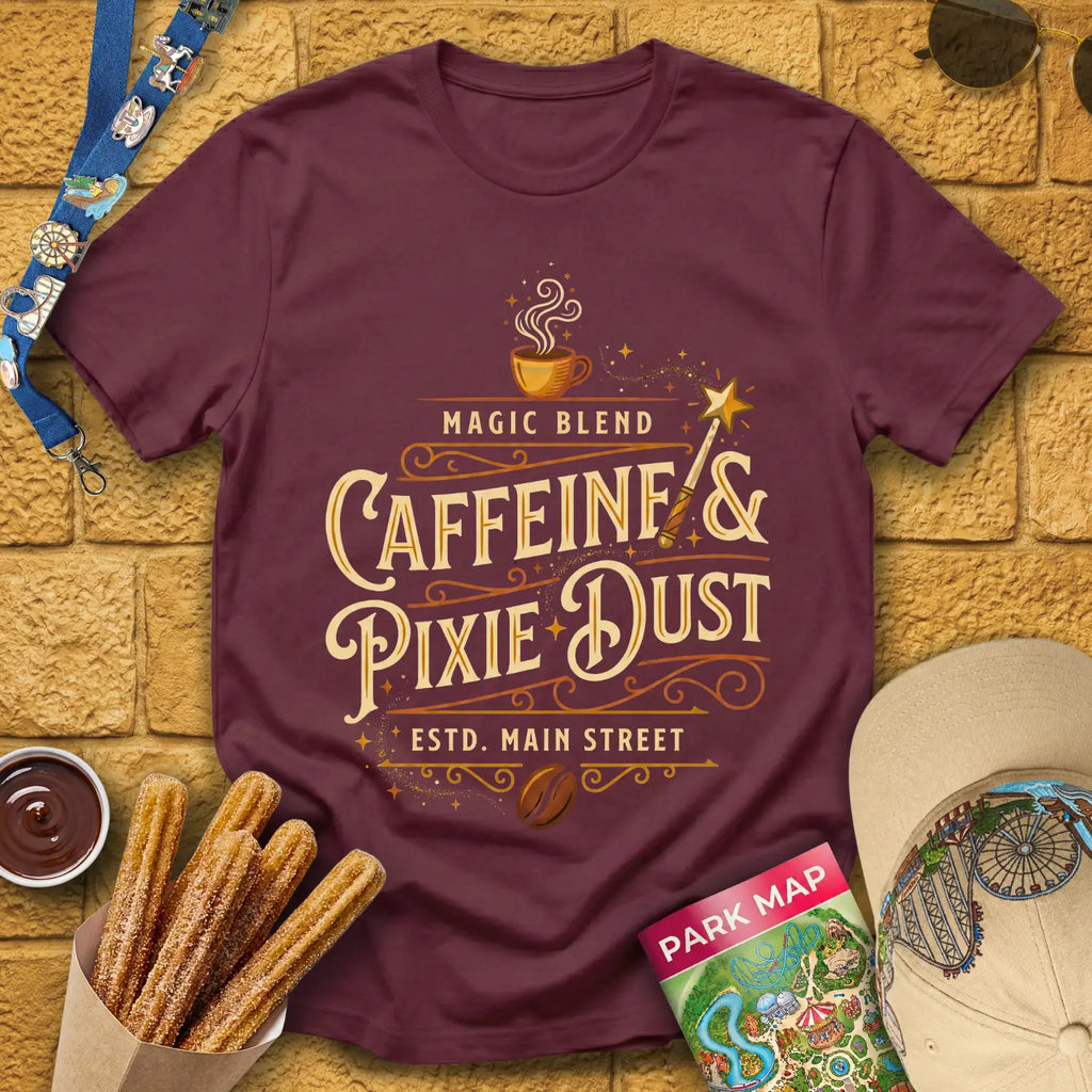Caffeine & Pixie Dust [VictorianOval] T-Shirt for Theme Park Fans (Maroon)