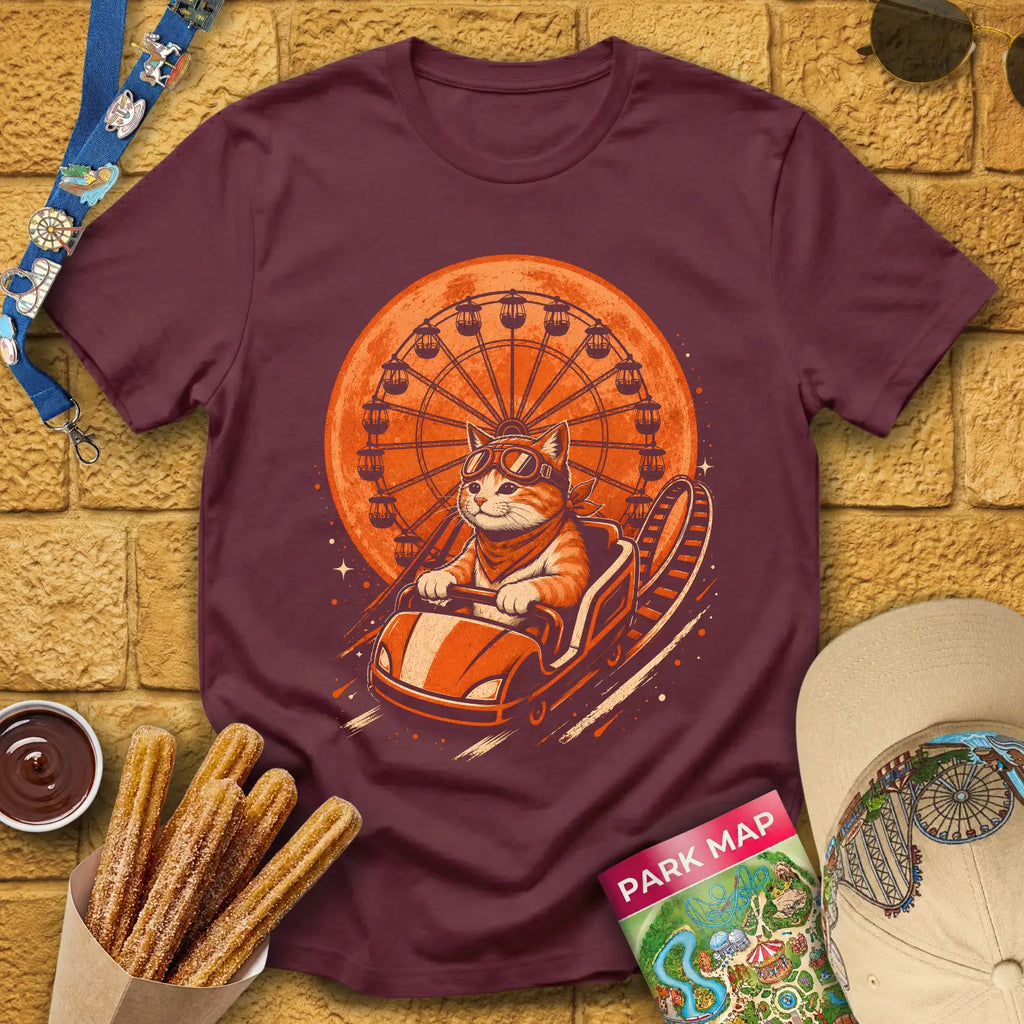 Cat Coaster [JapRetro] T-Shirt for Theme Park Fans (Maroon)