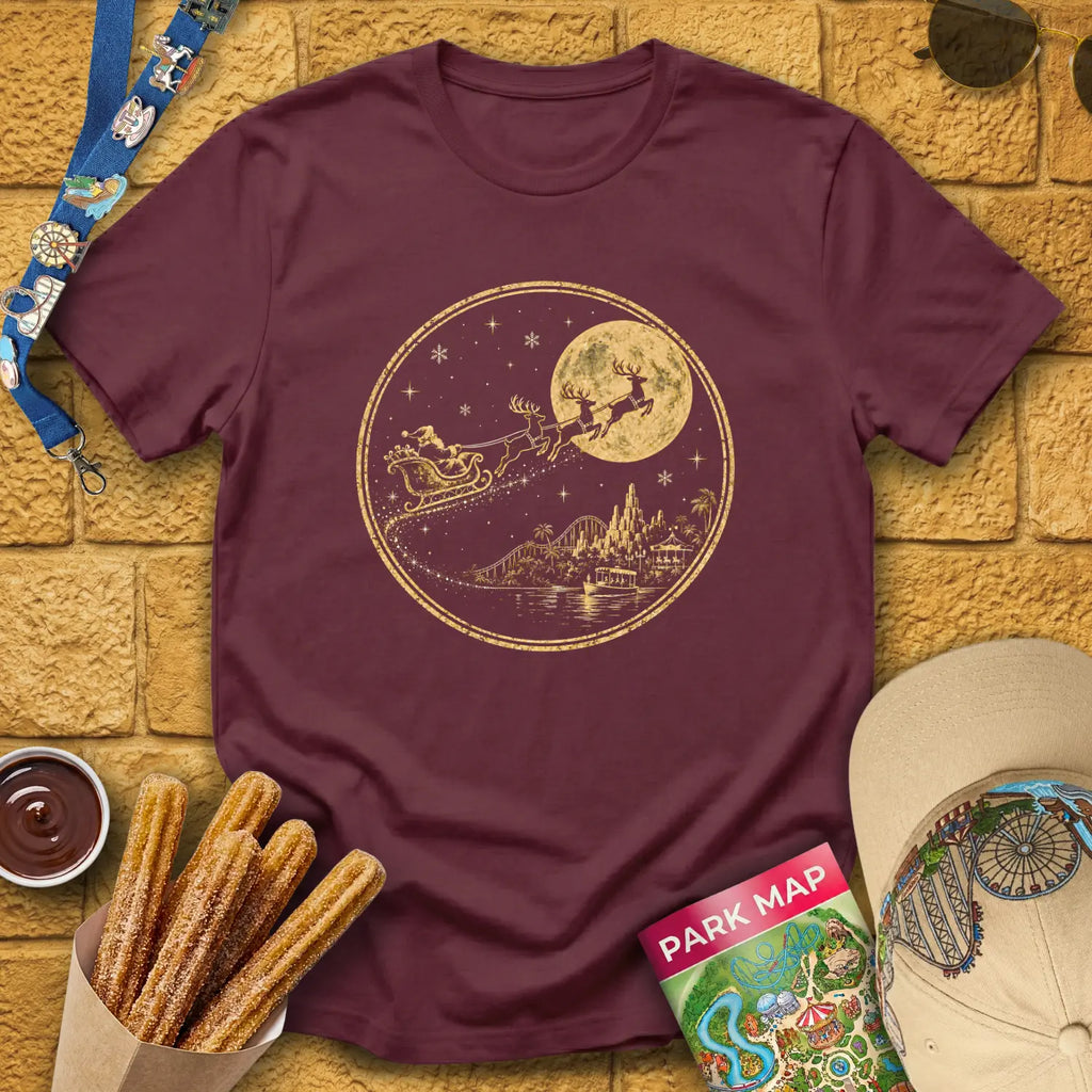 Christmas Park Flight [Badge] T-Shirt for Theme Park Fans (Maroon)