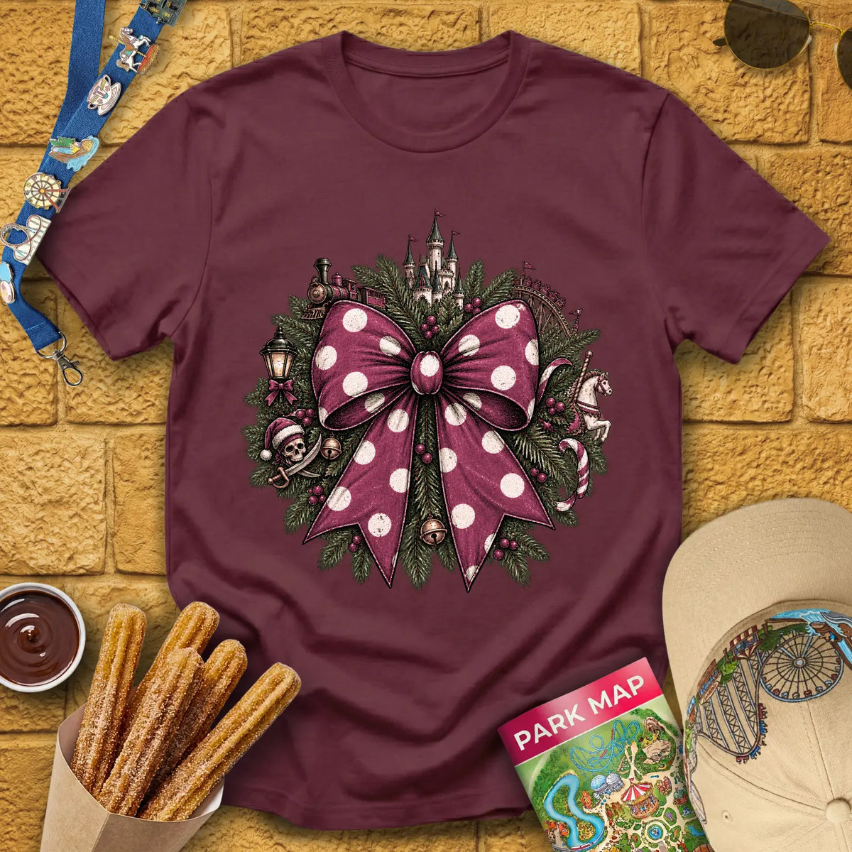 Christmas Ribbon [Vintage] T-Shirt for Theme Park Fans (Maroon)