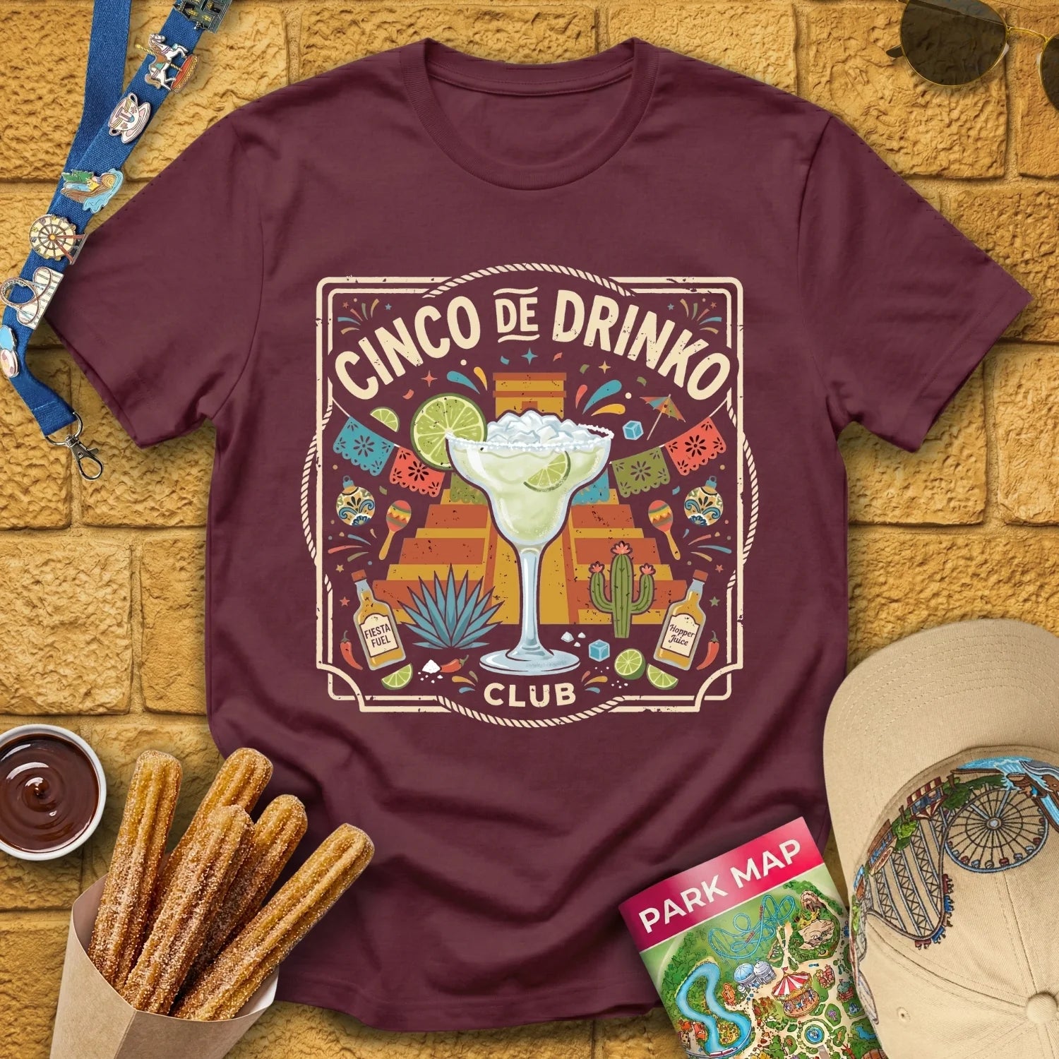 Cinco De Drinko [Square] T-Shirt for Theme Park Fans (Maroon)