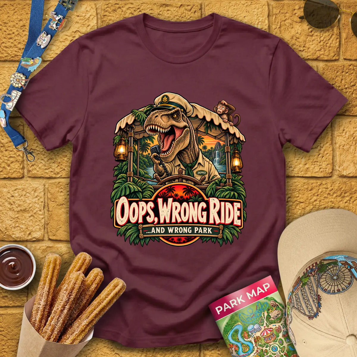 Dinosaur Skipper [Illu] T-Shirt for Theme Park Fans (Maroon)