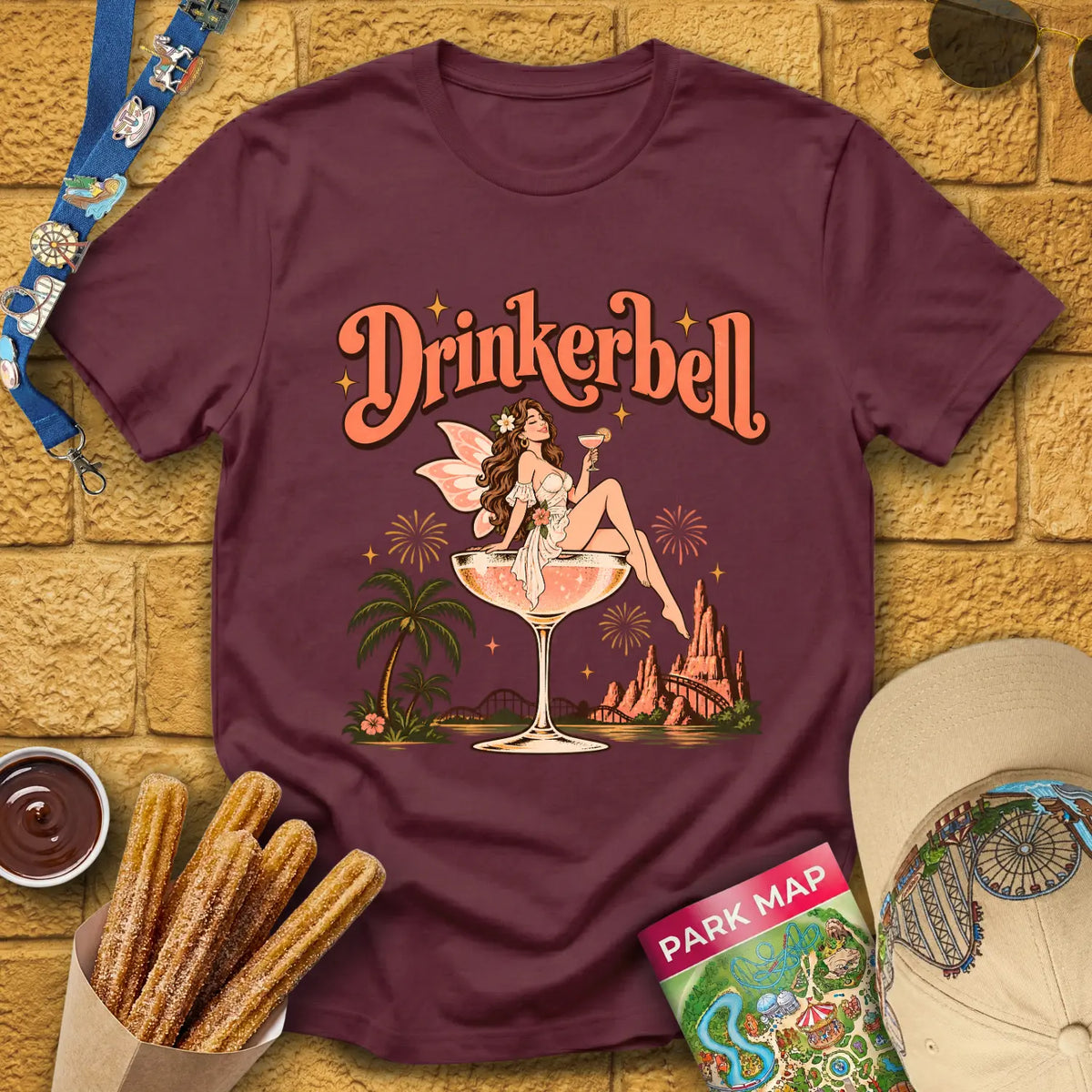 Drinkerbell [70s] T-Shirt for Theme Park Fans (Maroon)