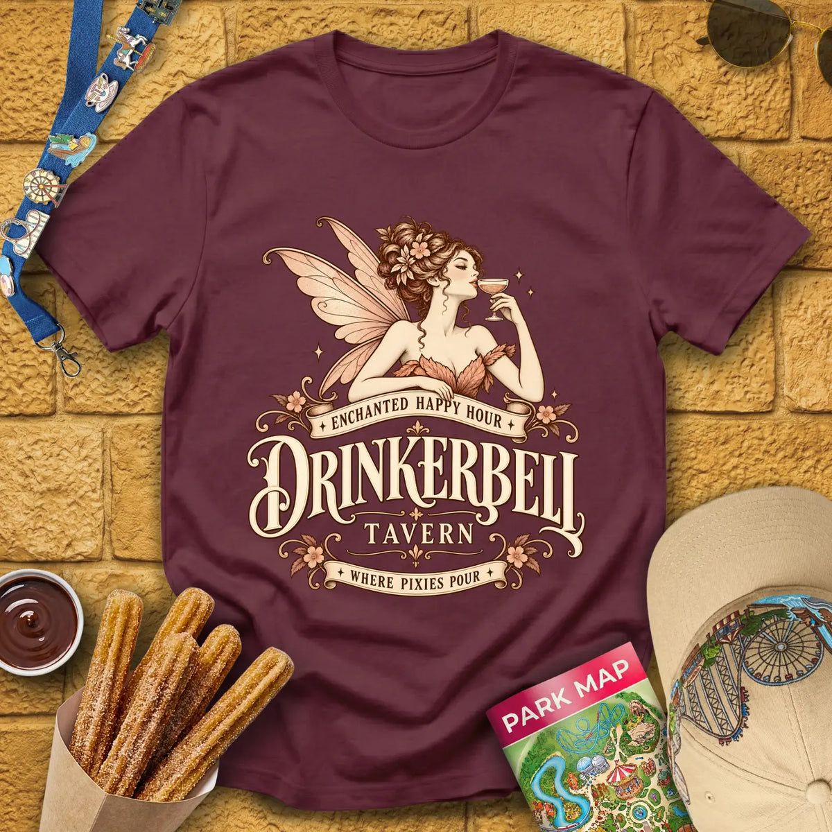 Drinkerbell Tavern [Nouveau] T-Shirt for Theme Park Fans (Maroon)