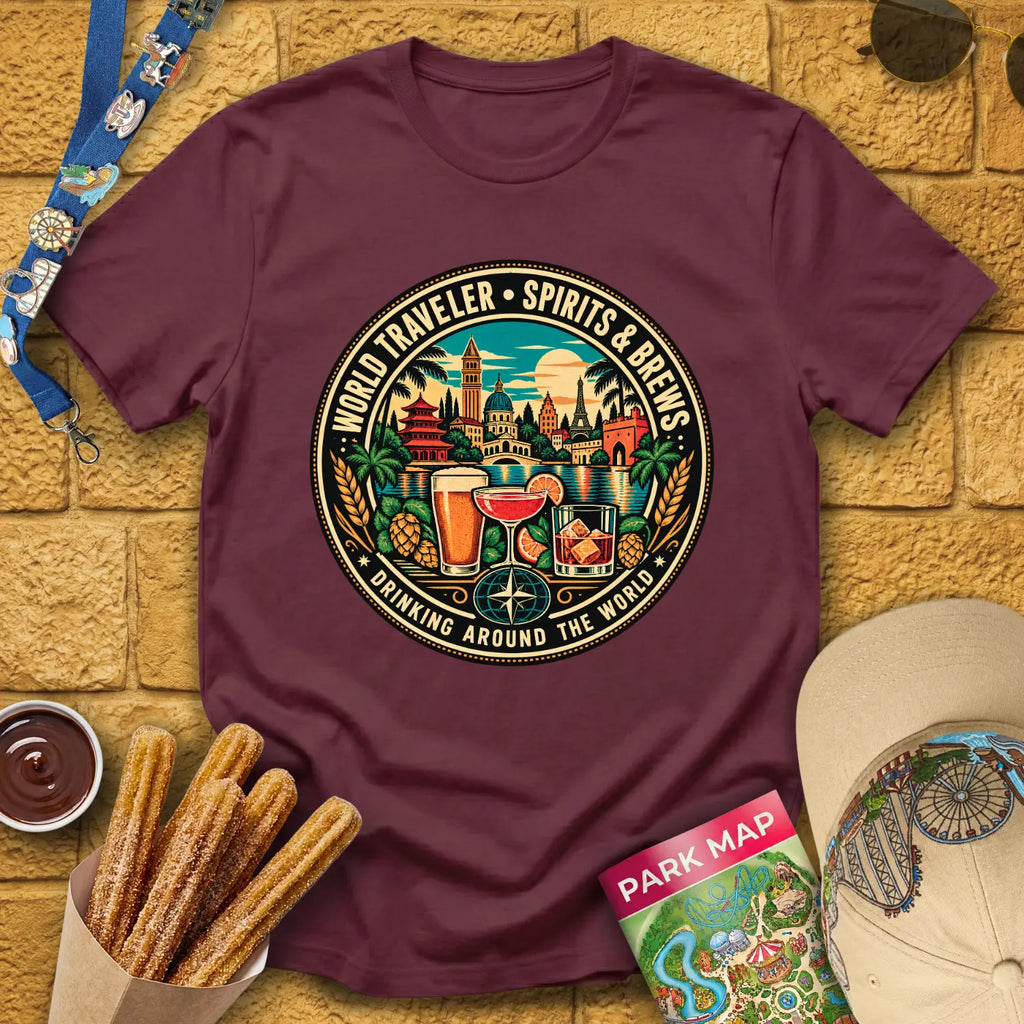 Drinking Around The World [Retro] T-Shirt for Theme Park Fans (Maroon)