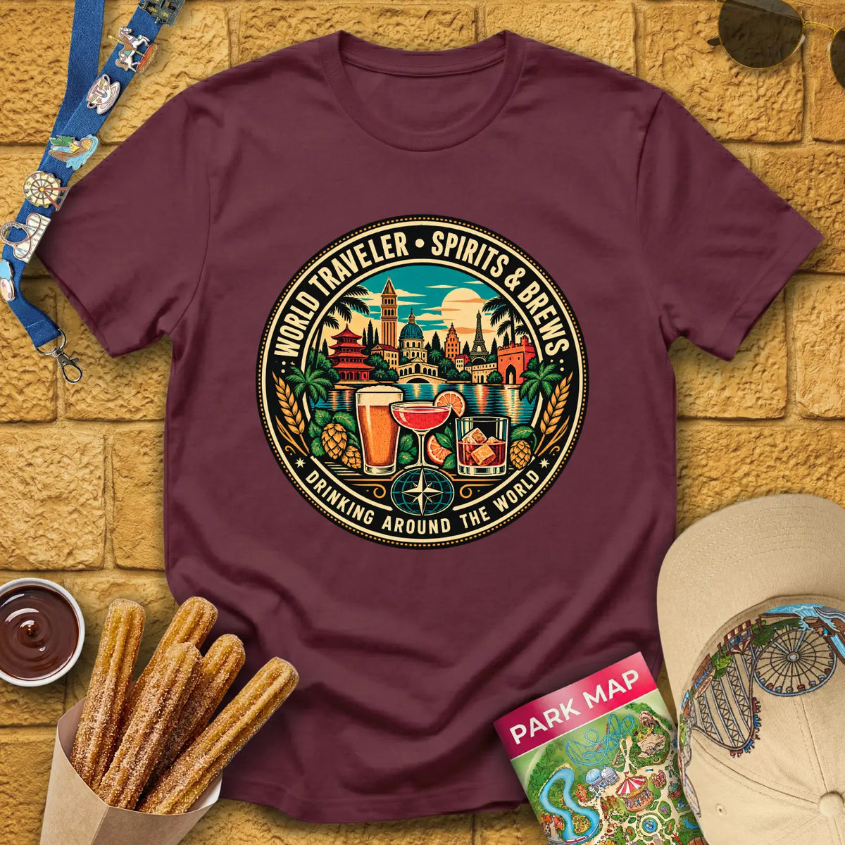 Drinking Around The World [Retro] T-Shirt for Theme Park Fans (Maroon)