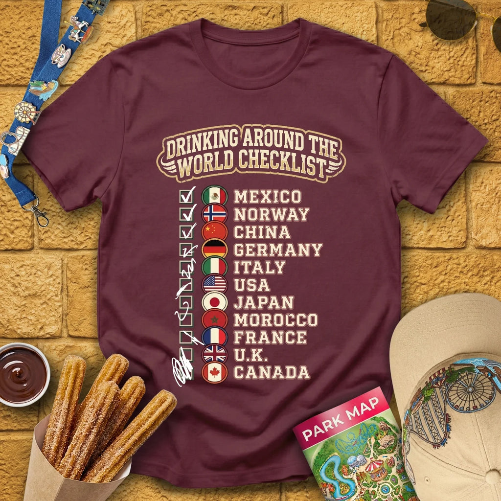 Drinking Checklist [College] T-Shirt for Theme Park Fans (Maroon)