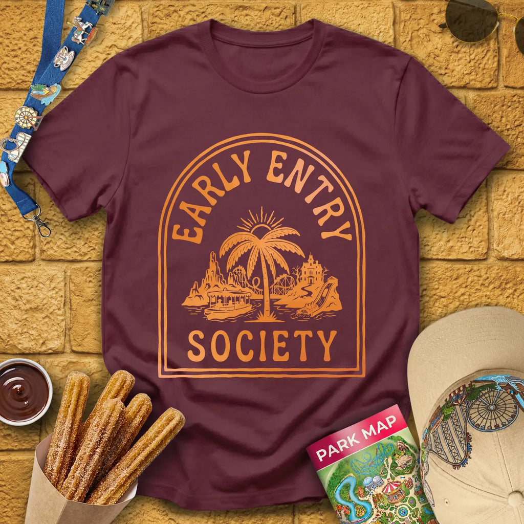Early Entry Society [Tropic] T-Shirt for Theme Park Fans (Maroon)
