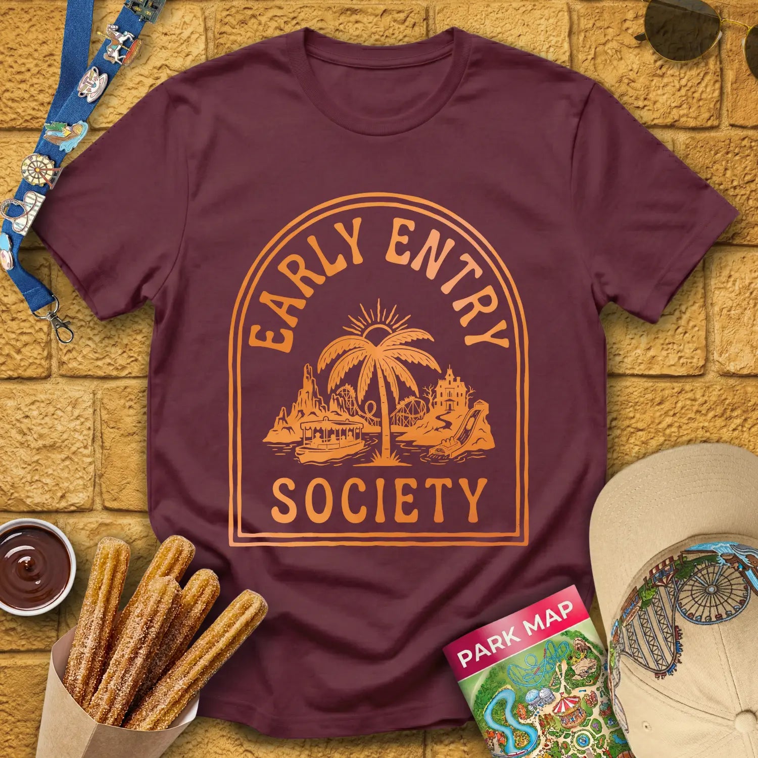 Early Entry Society [Tropic] T-Shirt for Theme Park Fans (Maroon)