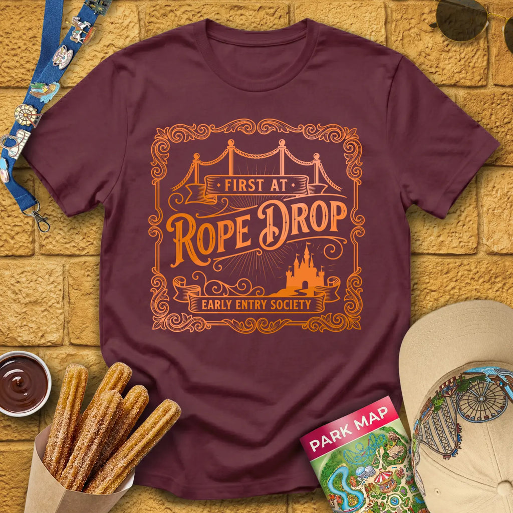 First At Rope Drop [Victorian] T-Shirt for Theme Park Fans (Maroon)