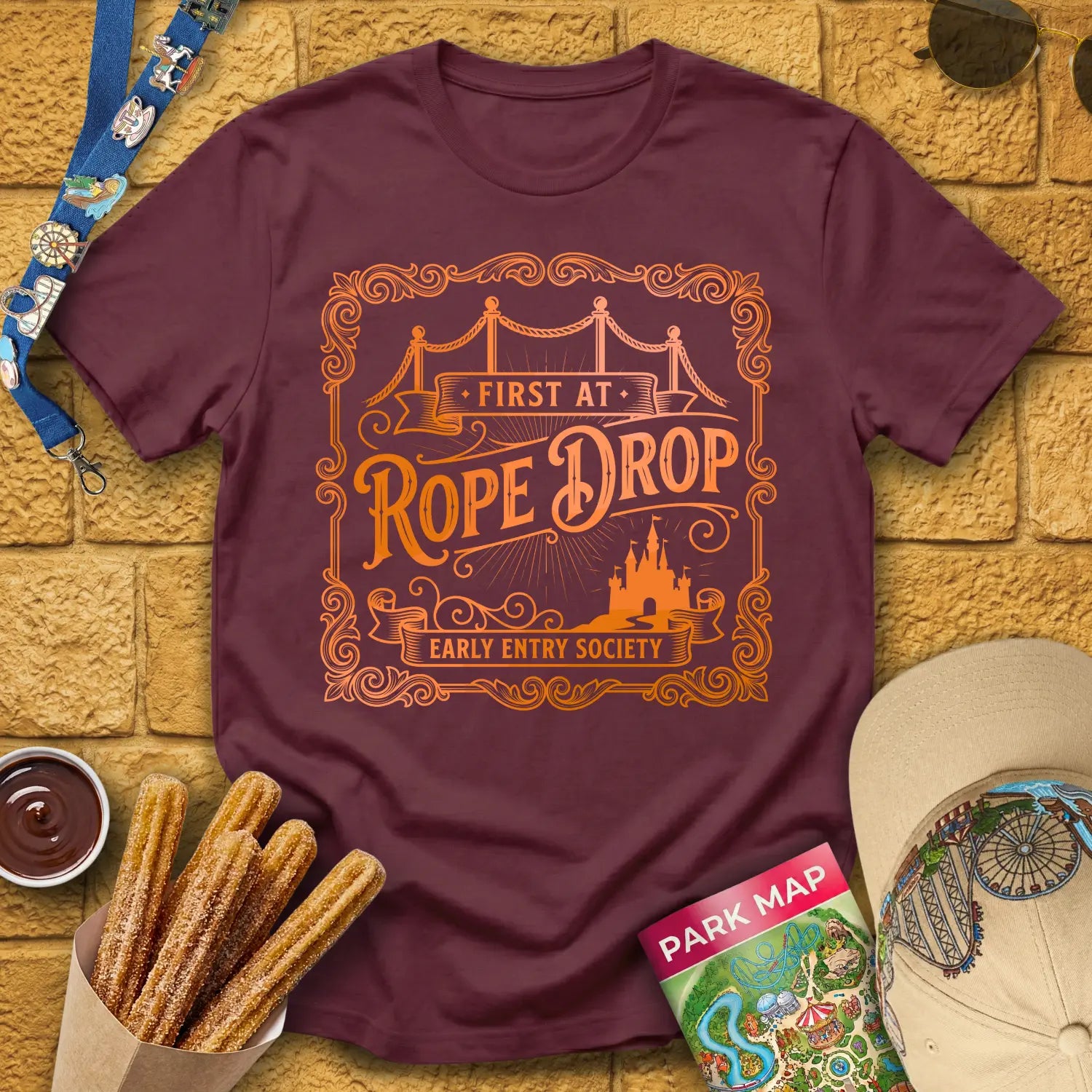 First At Rope Drop [Victorian] T-Shirt for Theme Park Fans (Maroon)