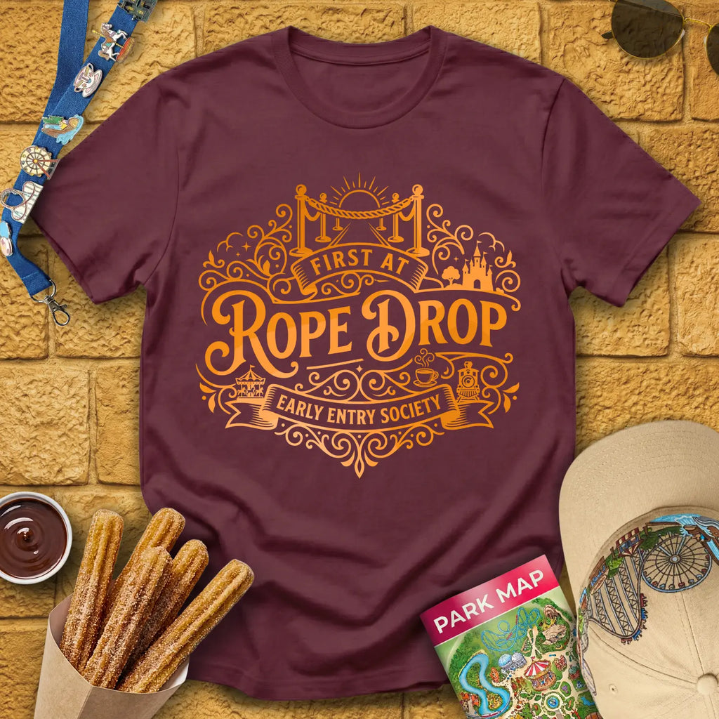 First At Rope Drop [VictorianBadge] T-Shirt for Theme Park Fans (Maroon)