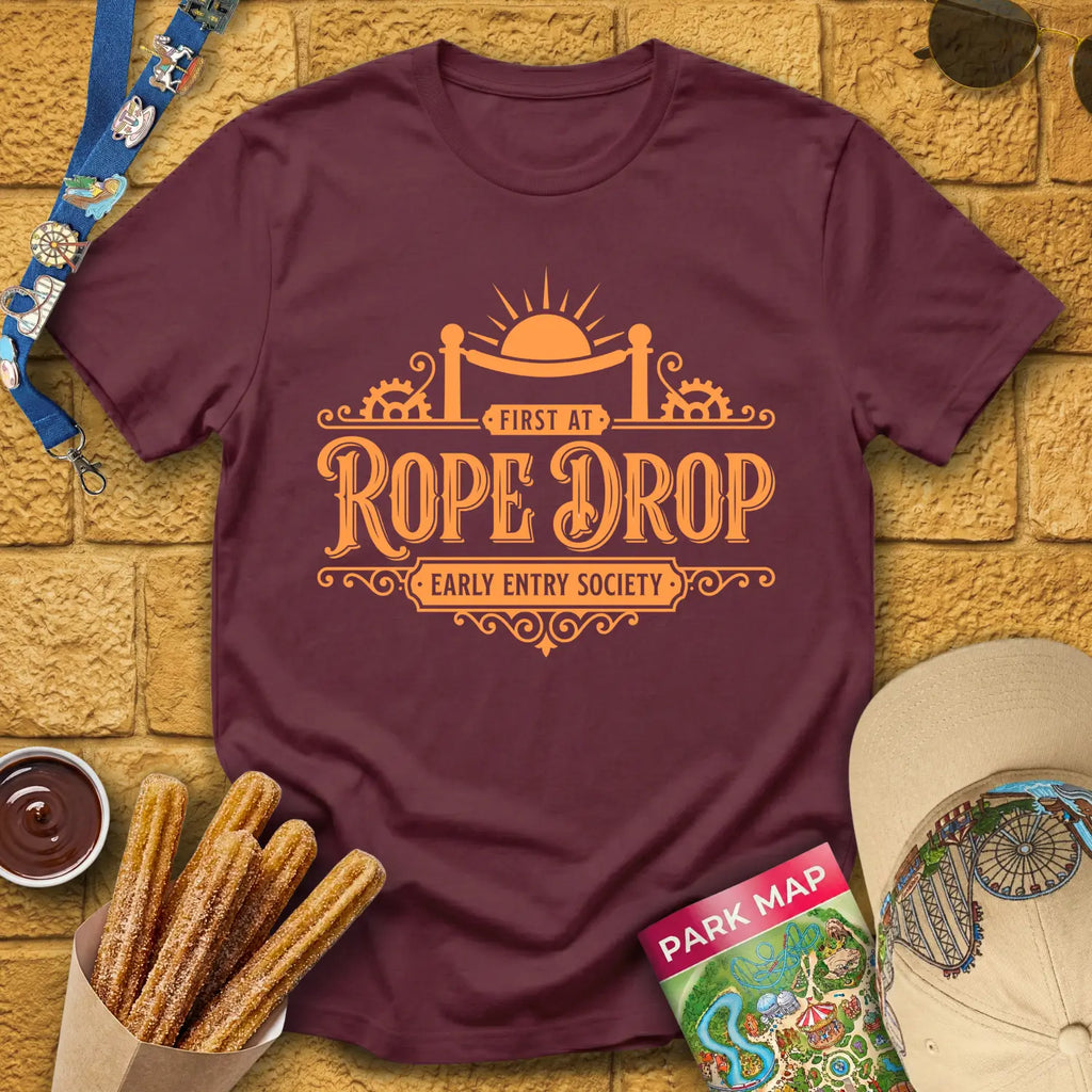First At Rope Drop [VictorianSleek] T-Shirt for Theme Park Fans (Maroon)
