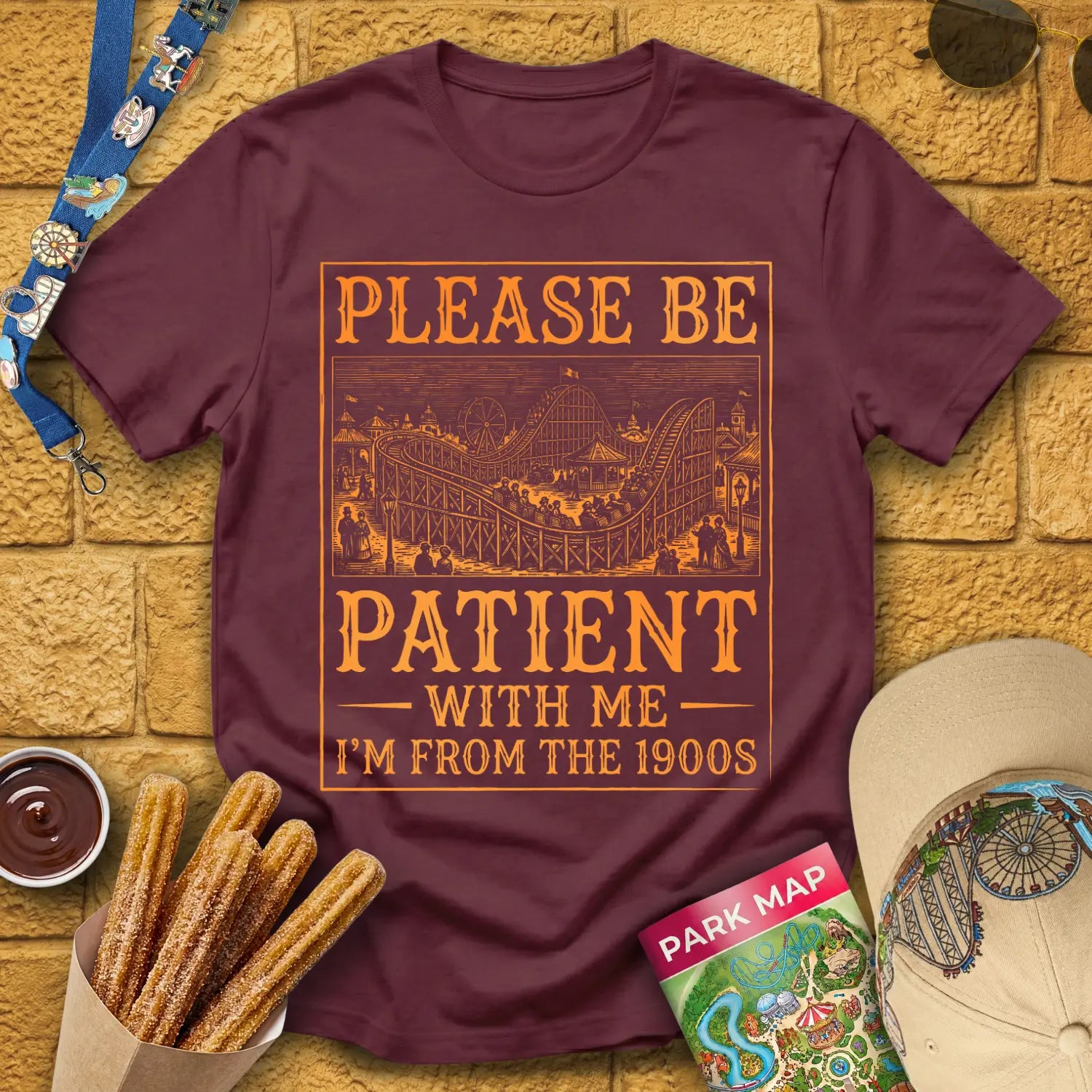 From The 1900s [Woodcut] T-Shirt for Theme Park Fans (Maroon)