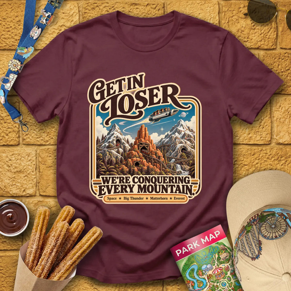 Get In Loser Mountains [Poster] T-Shirt for Theme Park Fans (Maroon)