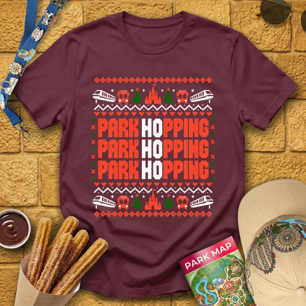 Ho Ho Hopping [PixKnit] T-Shirt for Theme Park Fans (Maroon)