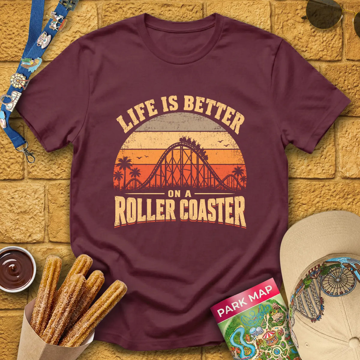 Life's Better On Coaster [Sunset] T-Shirt for Theme Park Fans (Maroon)