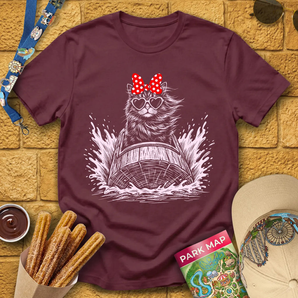 Log Flume Cat [PopInk] T-Shirt for Theme Park Fans (Maroon)