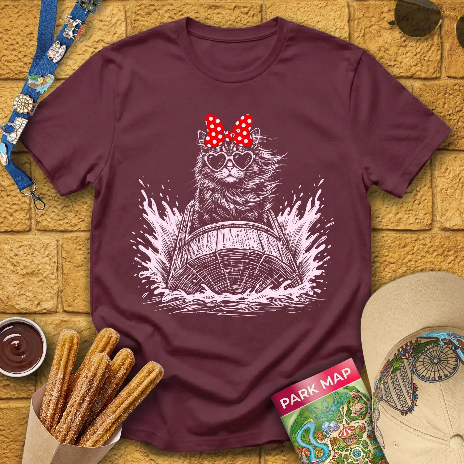 Log Flume Cat [PopInk] T-Shirt for Theme Park Fans (Maroon)