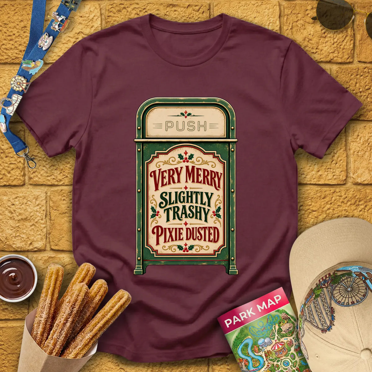 Merry & Trashy [Vintage] T-Shirt for Theme Park Fans (Maroon)