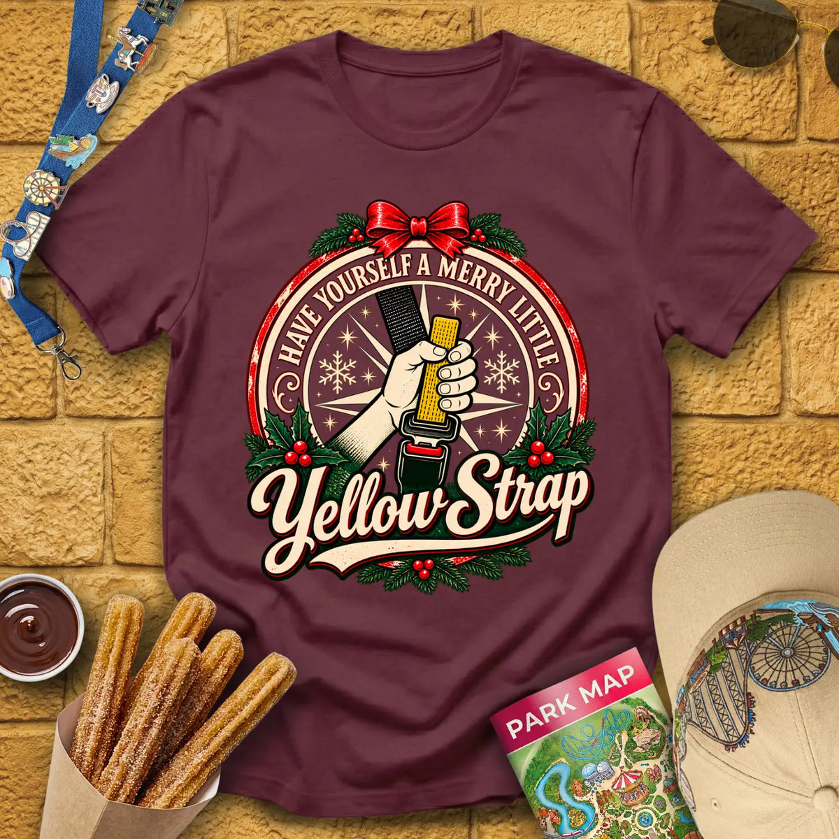 Merry Yellow Strap [Badge] T-Shirt for Theme Park Fans (Maroon)