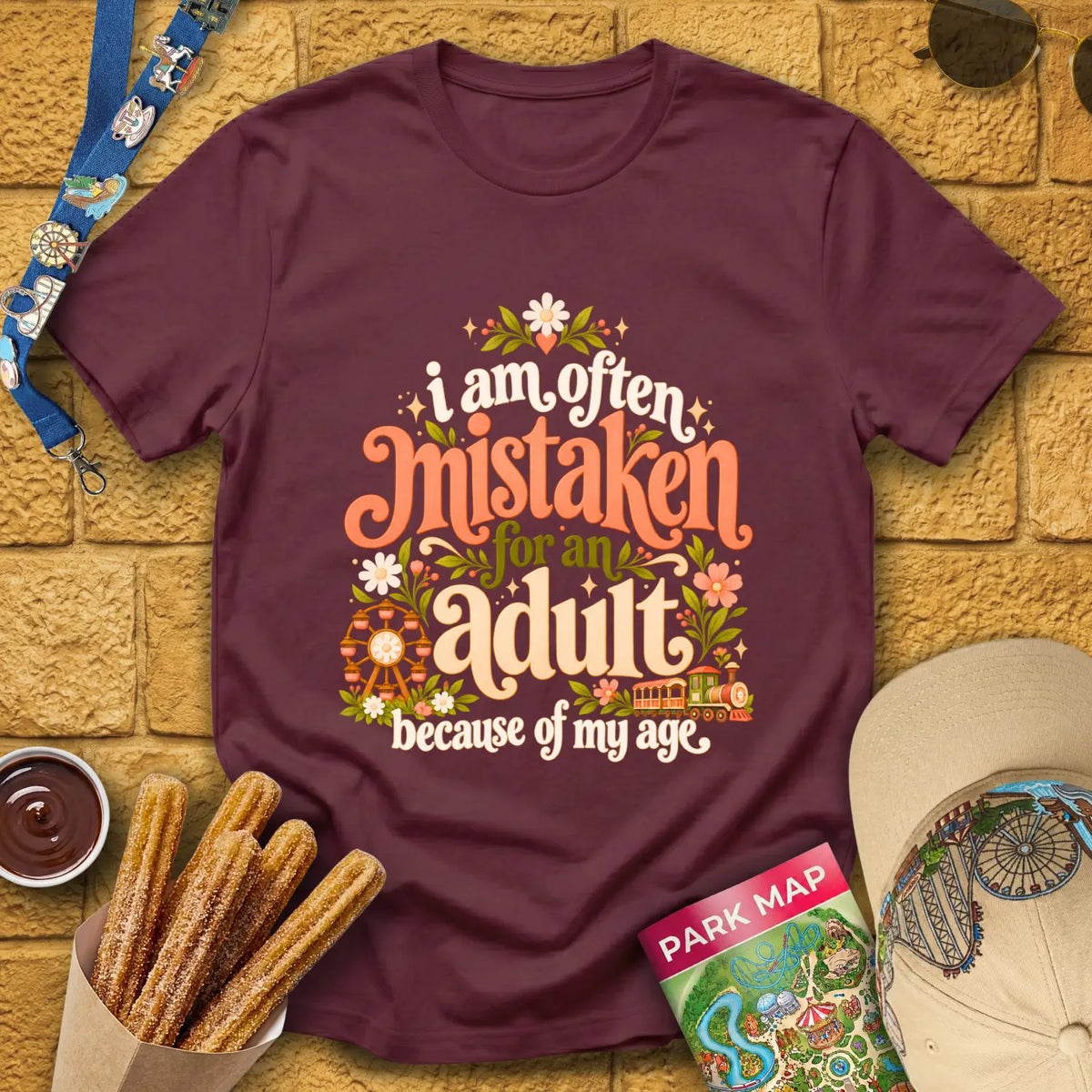 Mistaken For Adult [Boho] T-Shirt for Theme Park Fans (Maroon)