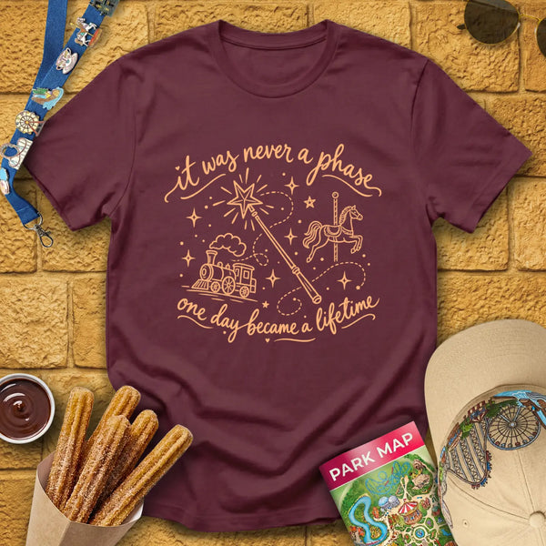 Never A Phase [Doodle] T-Shirt for Theme Park Fans (Maroon)