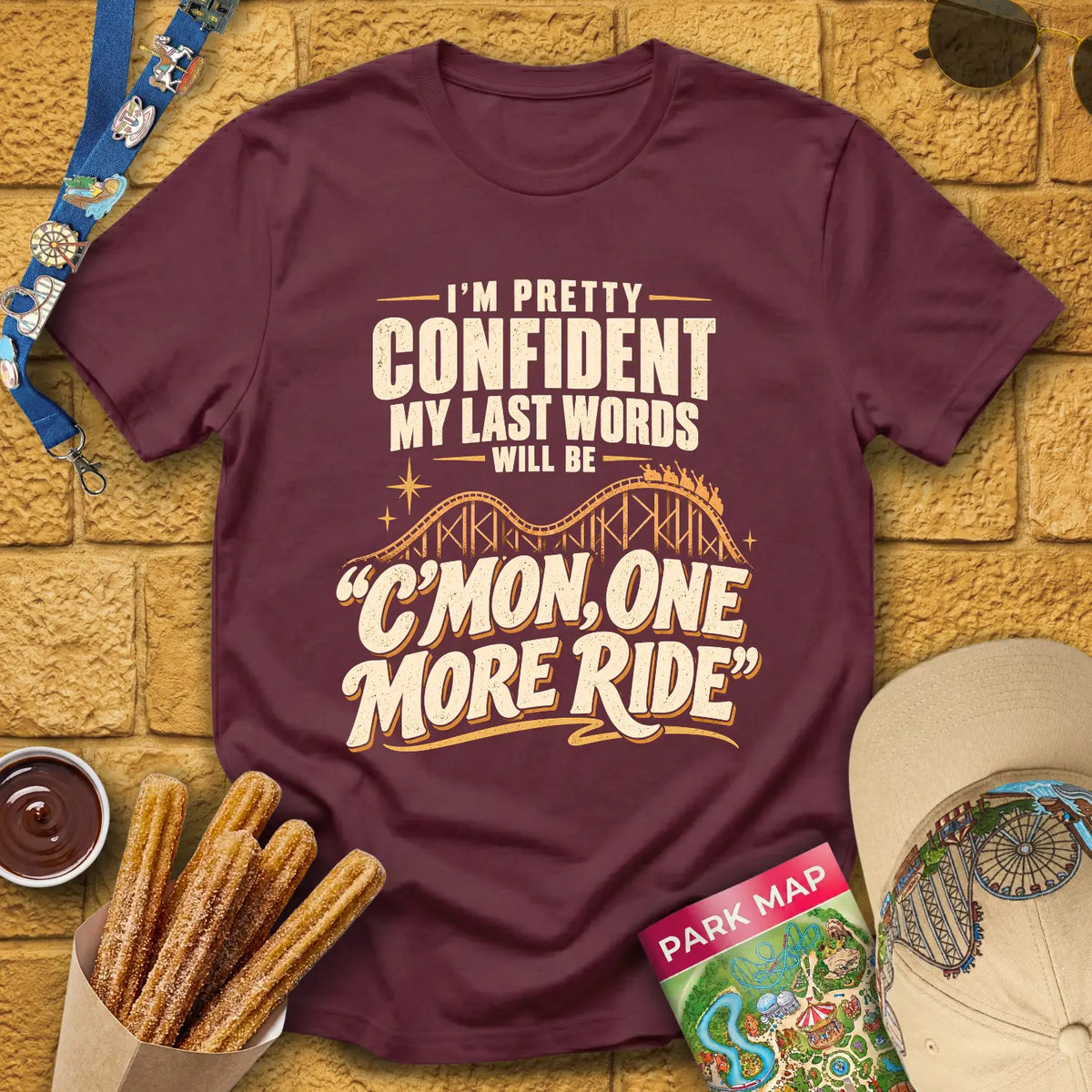 One More Ride [RetroBold] T-Shirt for Theme Park Fans (Maroon)