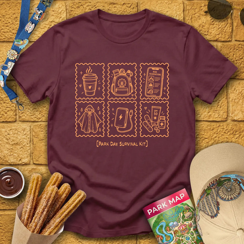 Park Survival Kit [Doodle] T-Shirt for Theme Park Fans (Maroon)