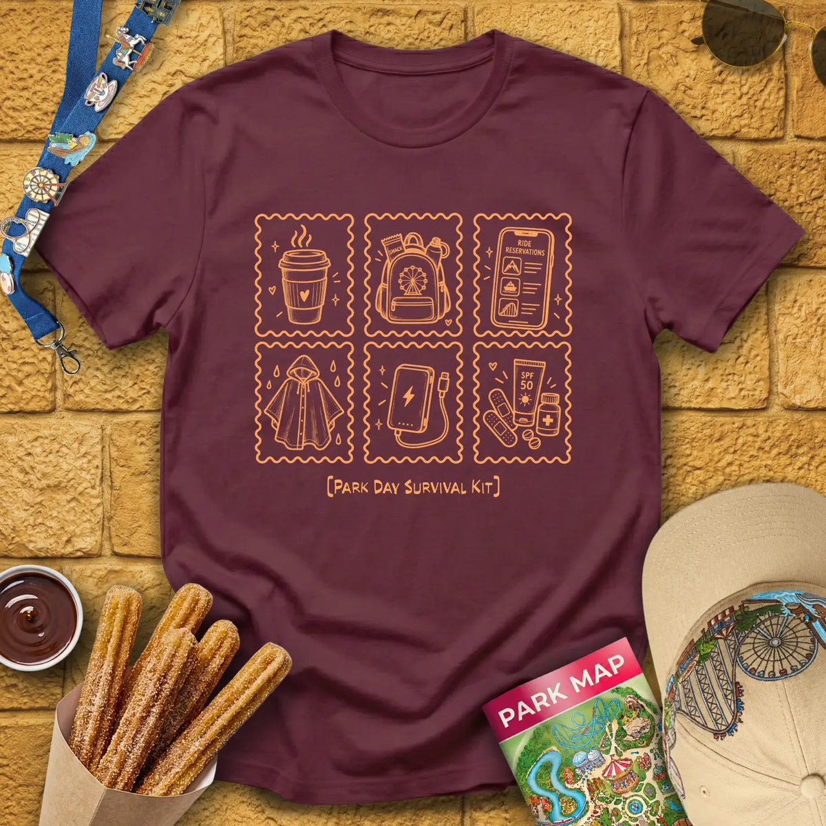 Park Survival Kit [Doodle] T-Shirt for Theme Park Fans (Maroon)
