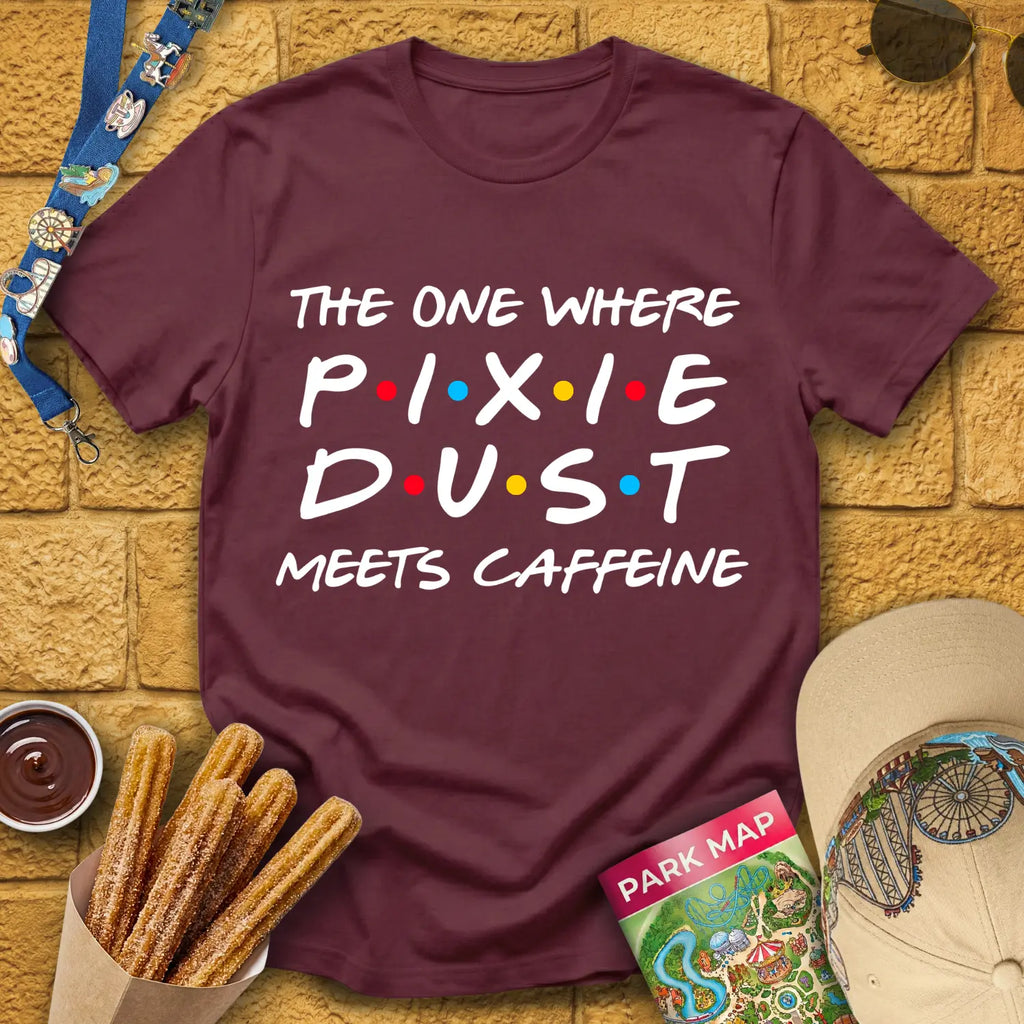Pixie Dust Meets Caffeine [Bold] T-Shirt for Theme Park Fans (Maroon)