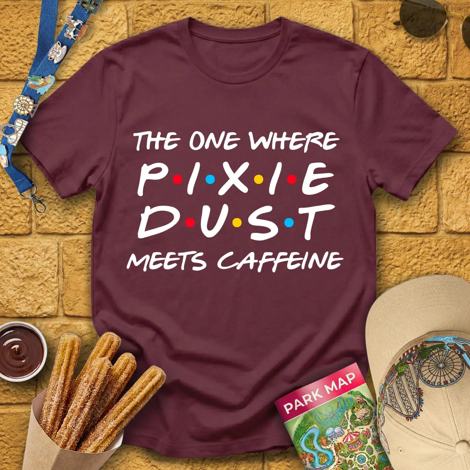 Pixie Dust Meets Caffeine [Bold] T-Shirt for Theme Park Fans (Maroon)