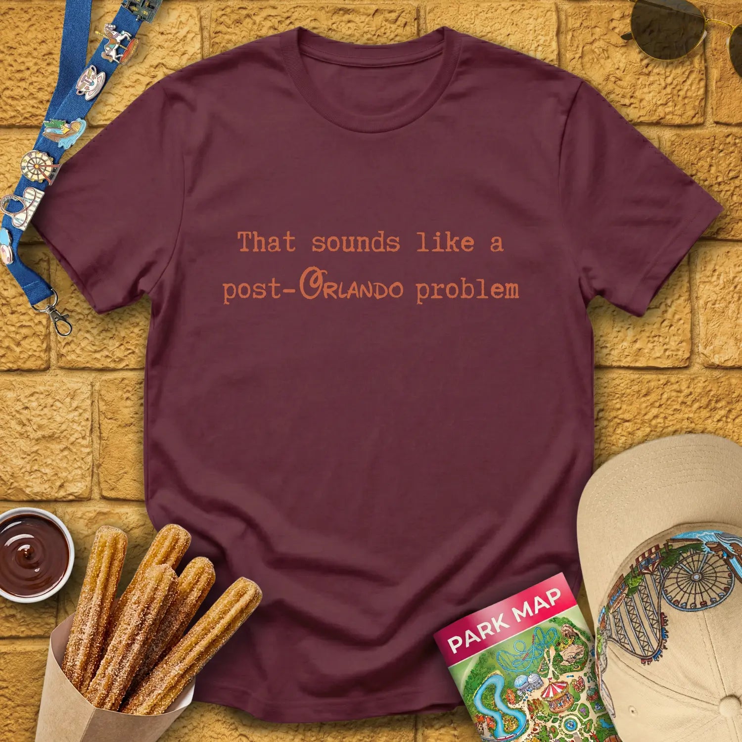 Post-Orlando Problem [Typed] T-Shirt for Theme Park Fans (Maroon)