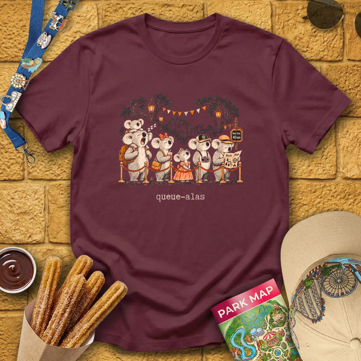 Queue-Alas [Chalky] T-Shirt for Theme Park Fans (Maroon)