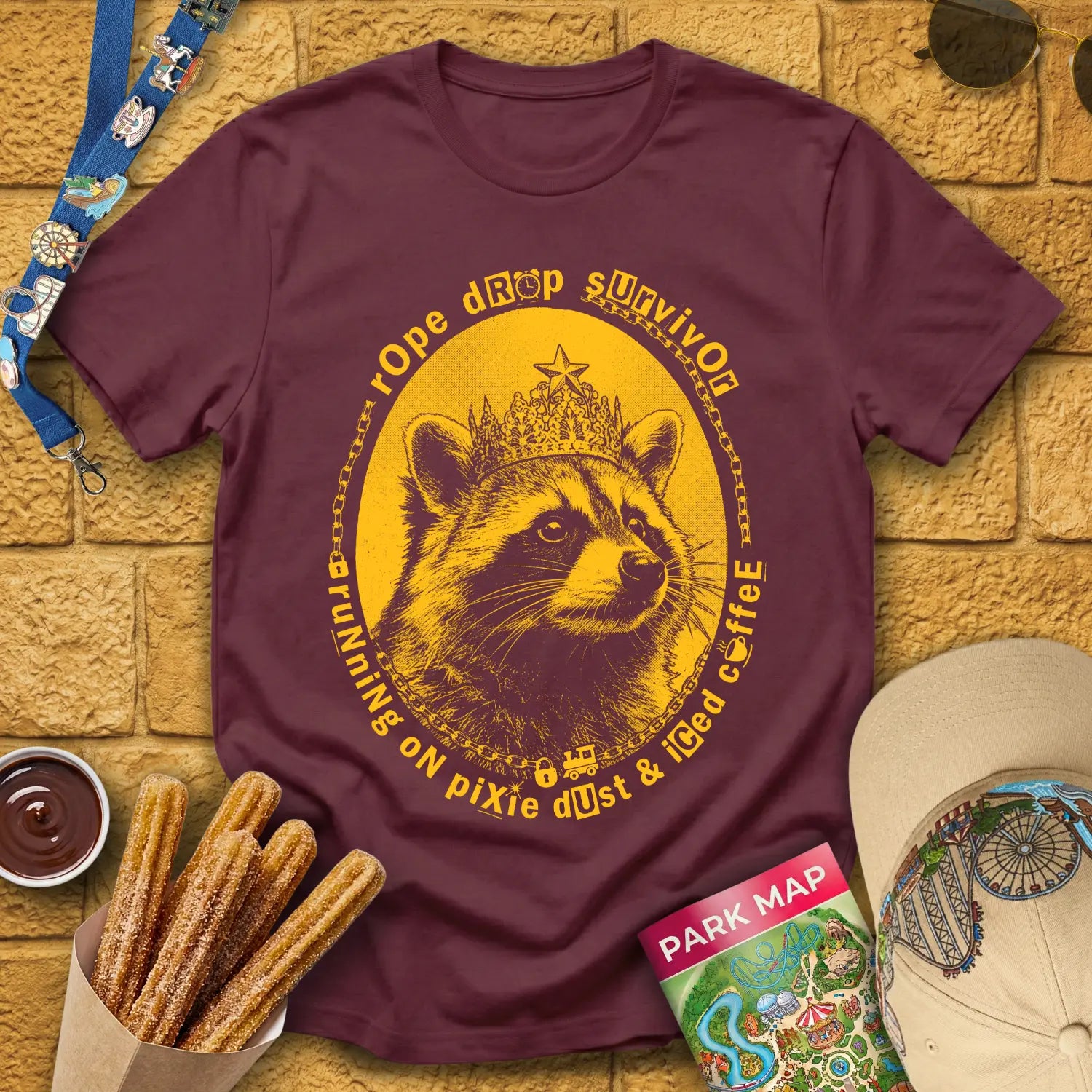 Rope Drop Raccoon [Grunge] T-Shirt for Theme Park Fans (Maroon)