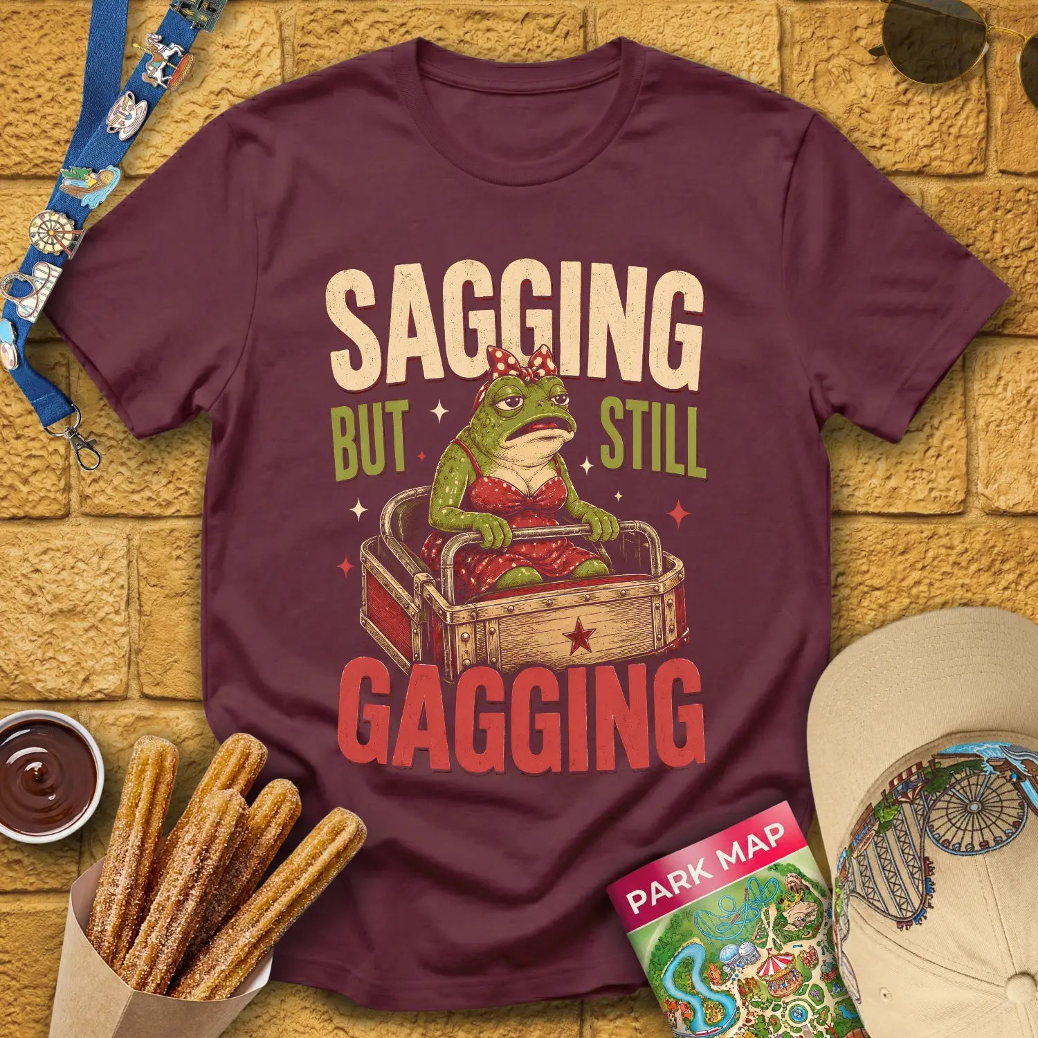 Sagging But Gagging [Etched] T-Shirt for Theme Park Fans (Maroon)