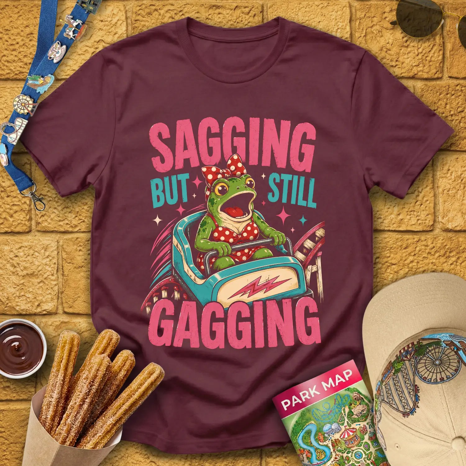 Sagging But Gagging [RetroPop] T-Shirt for Theme Park Fans (Maroon)