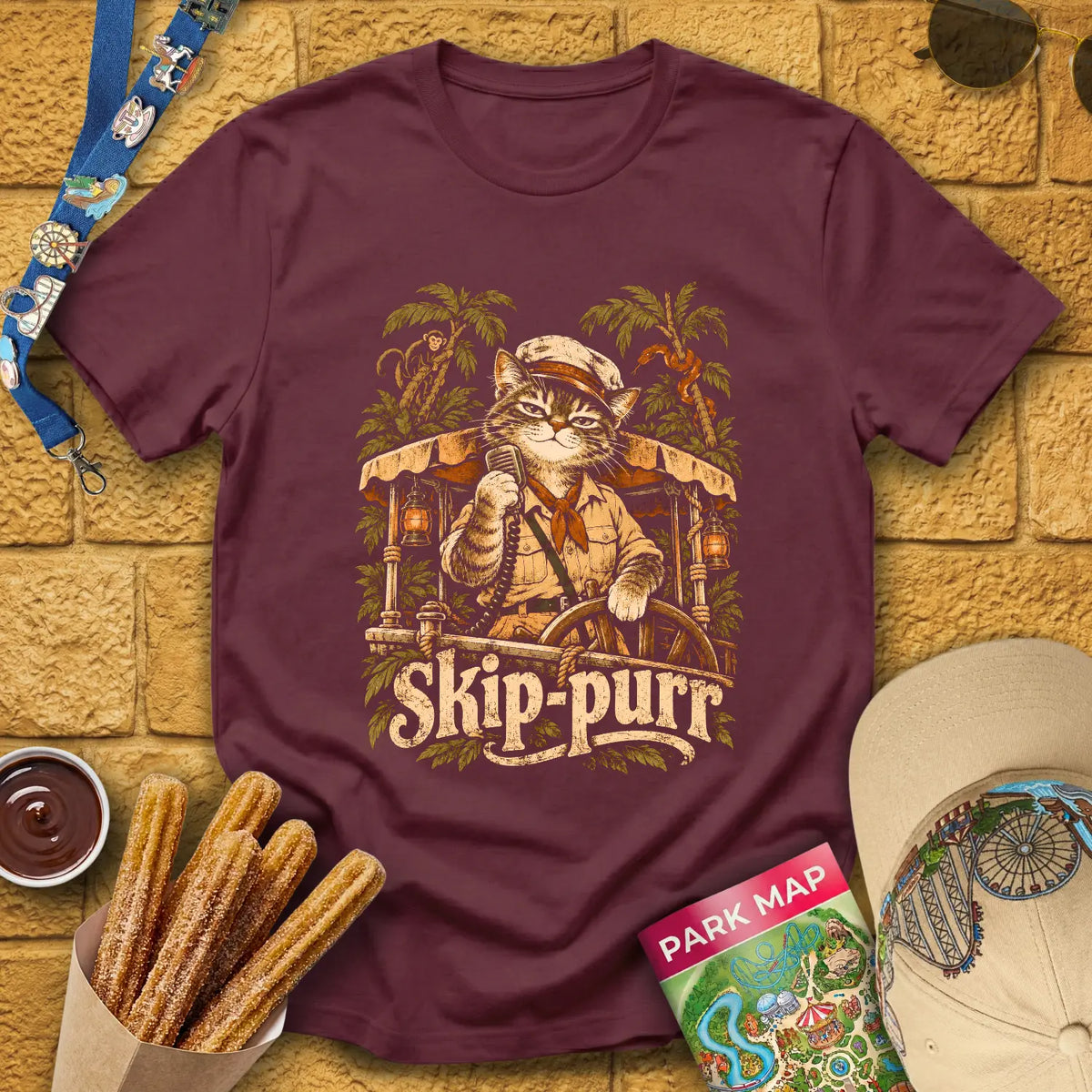 Skip-Purr Cat [Chalky] T-Shirt for Theme Park Fans (Maroon)