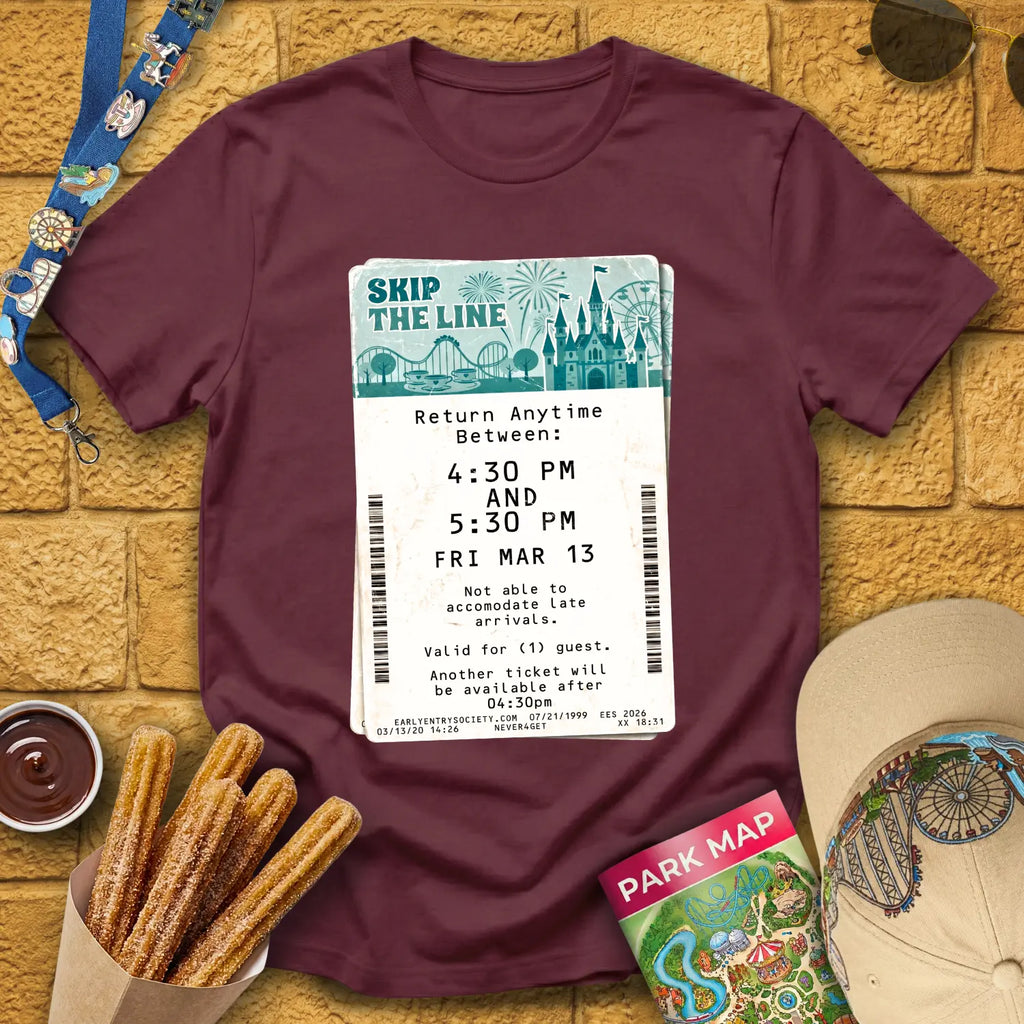 Skip The Line Ticket [Retro] T-Shirt for Theme Park Fans (Maroon)