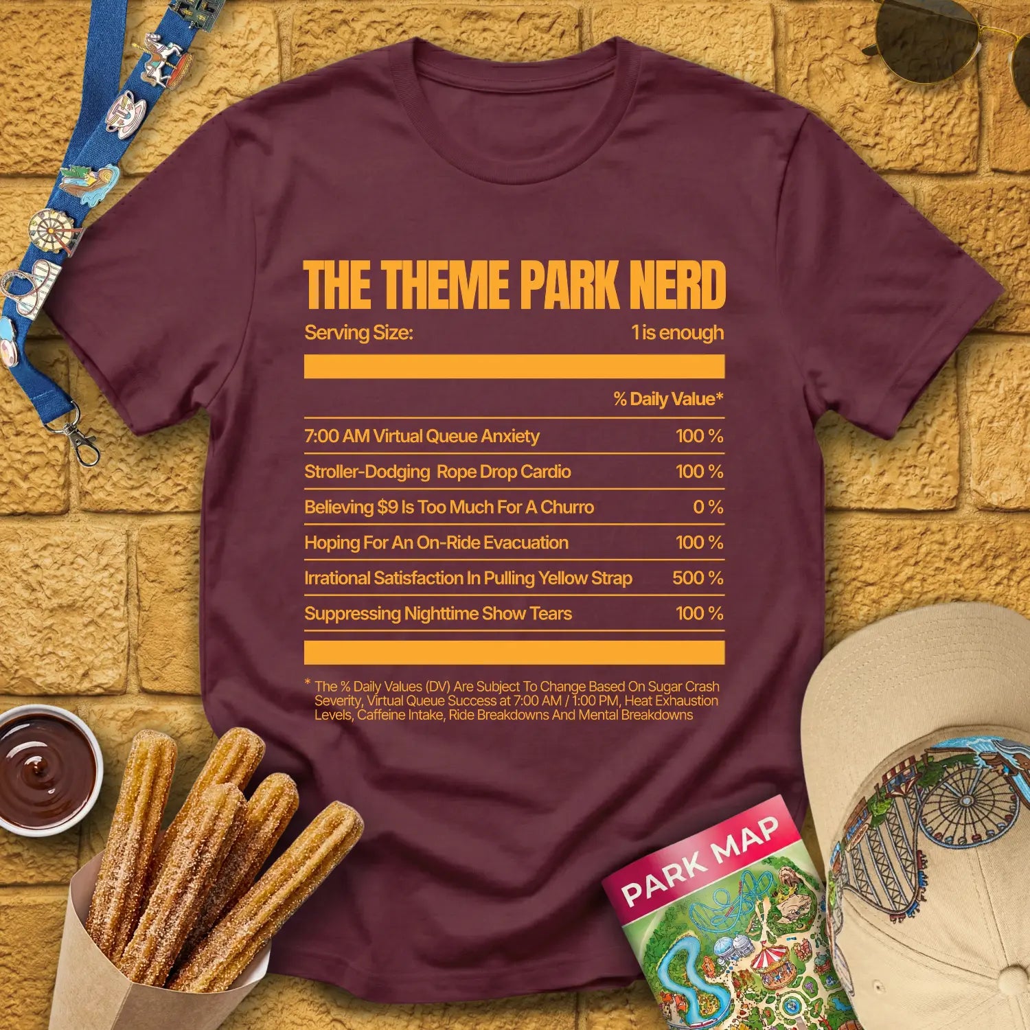 Theme Park Nerd Facts [Nutrition] T-Shirt for Theme Park Fans (Maroon)