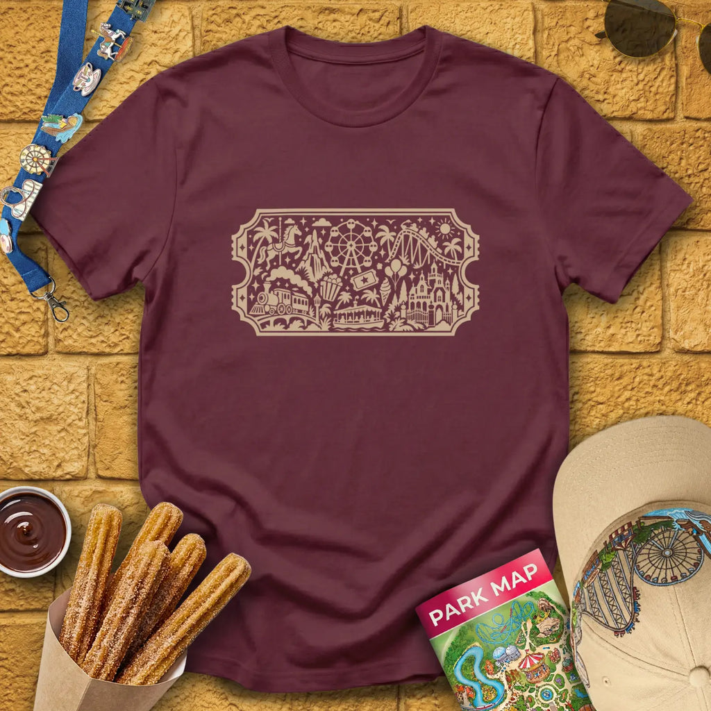 Theme Park Ticket [Doodle] T-Shirt for Theme Park Fans (Maroon)